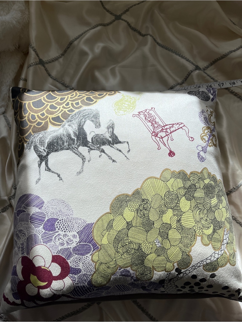 Ivory Throw Pillow with Horse Motif and Multicolor Accents - Pair